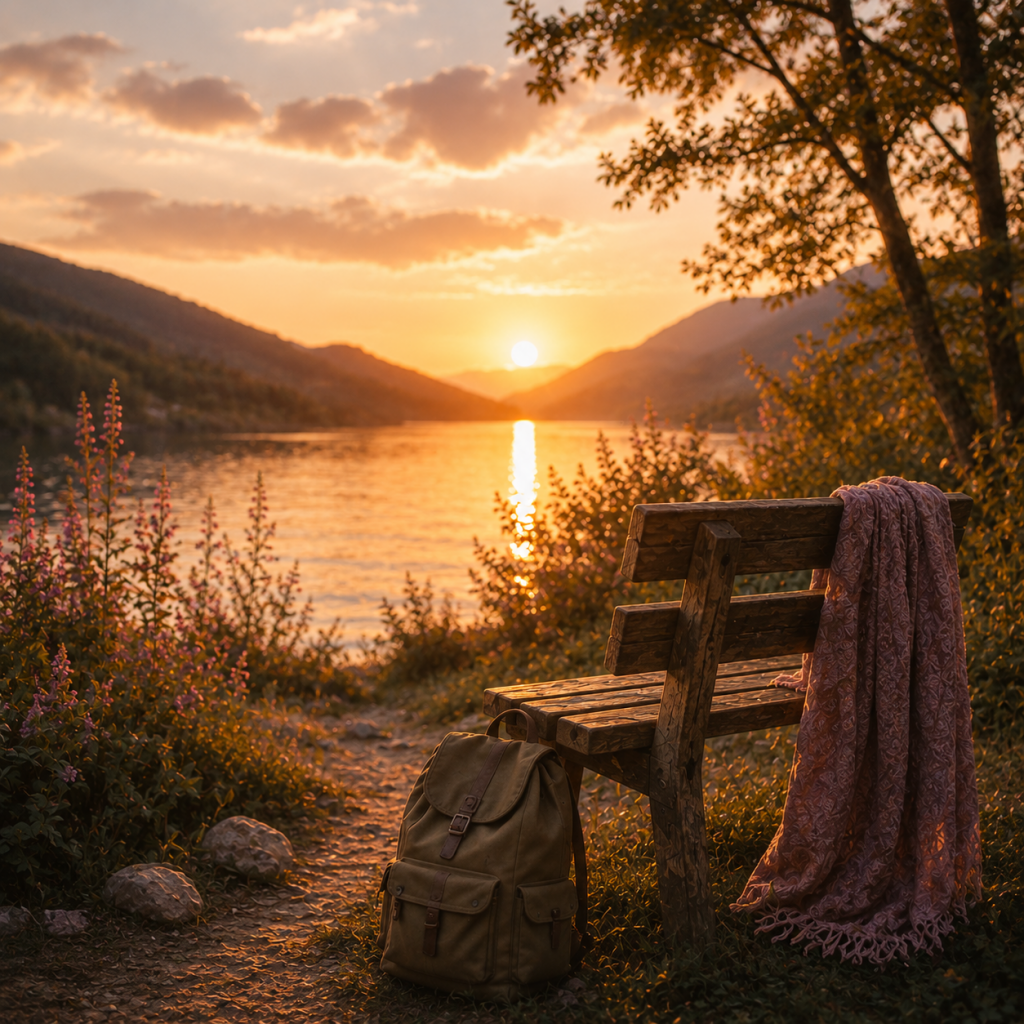 Raum für Trauer Bank und Sonnenuntergang